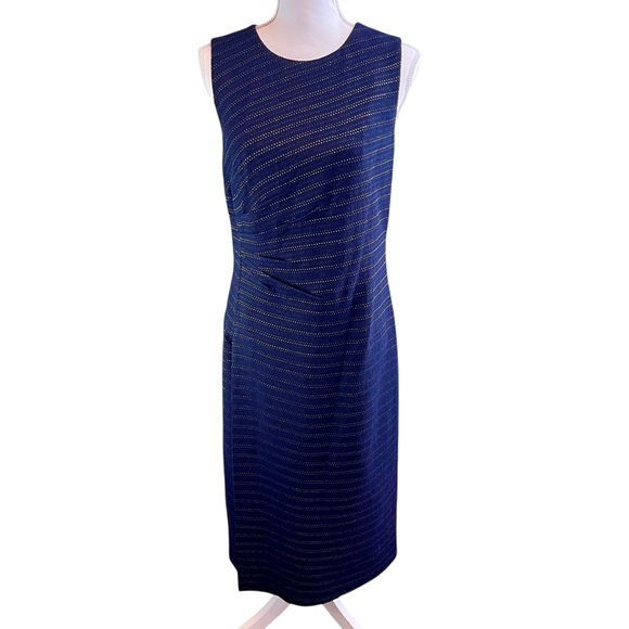 SHOSHANNA Blue Gold Sheath Dress Sz 10 Ruched Office Career Job Interview Luxury